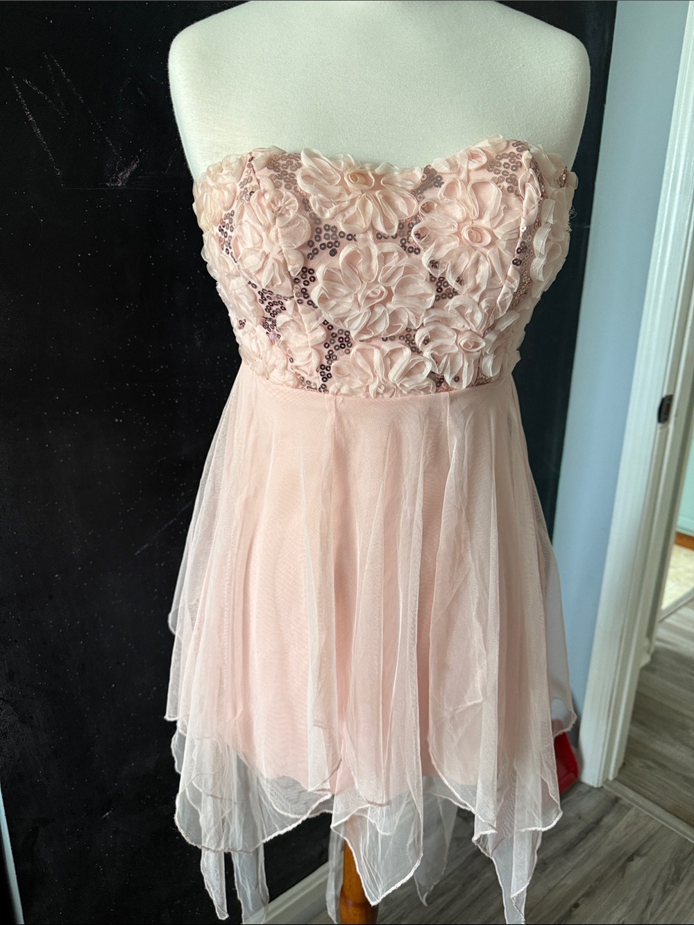 Deb Blush Pink Strapless Floral Appliqué Tulle Dress
